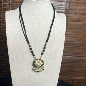 Artisan Made Gold Tone and Black Enamel Necklace, Kundan Style